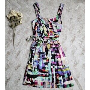 Ali Ra 100% Silk Abstract Geometric Block Colorful Sleeveless Dress Size 6‎